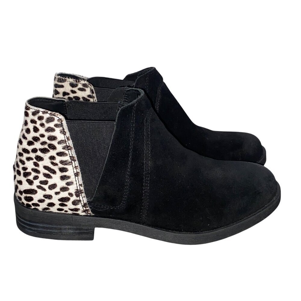 Clarks Womens Ankle Boots Size 7 Black Suede Leopard Print calf hair Accents Mad